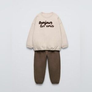 Zara Sweatshirt & Sweatpants Jogger Set ‘Bonjour Les Amis' in cream/brown NWT